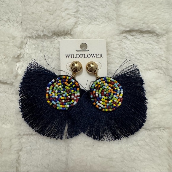 Bohemian Multicolor Beaded Tassel Earrings, Statement Fringe, Navy Blue Fan - Picture 1 of 3